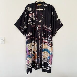 Vintage Oriental Village Silk Collection Black Kimono Japanese Blossom Geisha